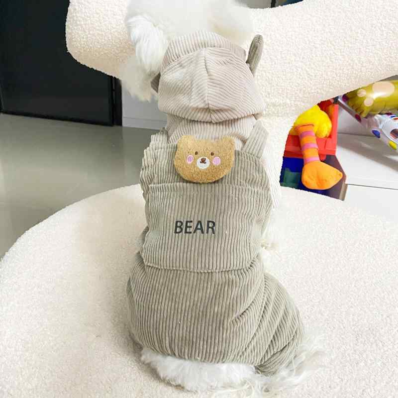 ペット 犬 猫 テディ ビション 服 秋冬 奶咖熊 四脚 サロペット フード付き あったか 裏起毛 ニット