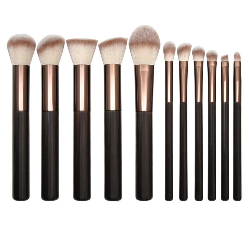 メイクブラシ 11本セット ブラウン ウッドハンドル フェイスブラシ チークブラシ アイシャドウブラシ 繊維毛 コスメ 化粧道具