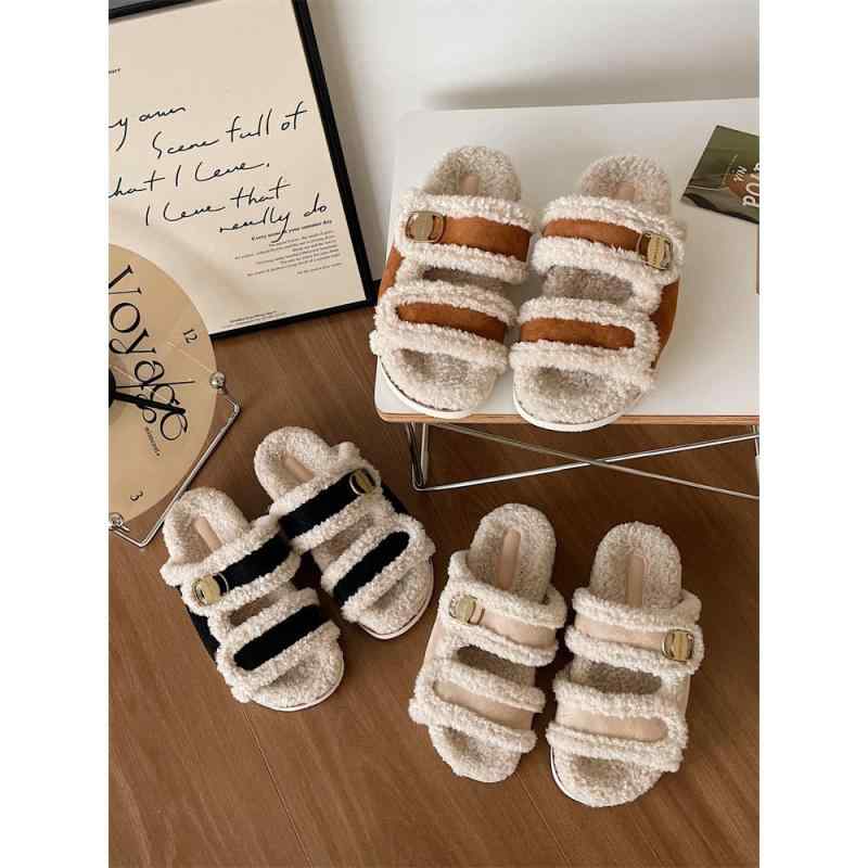 サンダル レディース 秋冬 フラット ぺたんこ カジュアル オープントゥ ファー ふわふわ スリッパ おしゃれ かわいい ワンマイル 普段使い あったか
