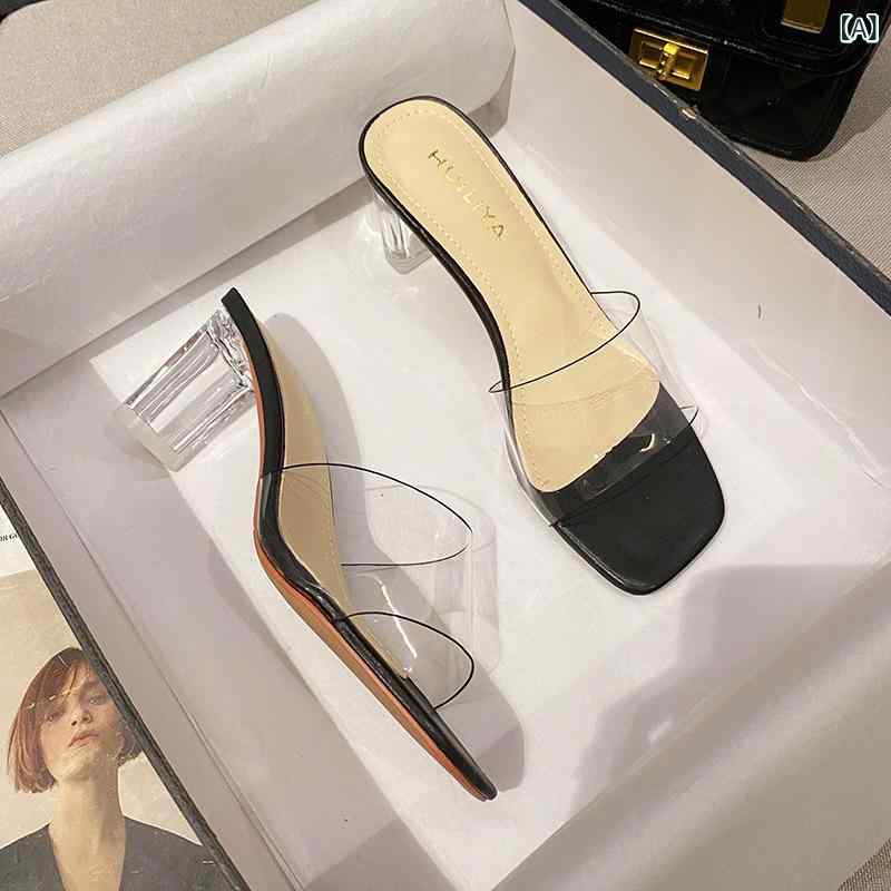 サンダル レディース ミュール クリア 透明 太ヒール チャンキーヒール スクエアトゥ ハイヒール 美脚 おしゃれ かわいい 歩きやすい