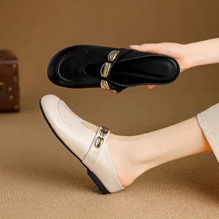 サンダル レディース 真皮 フラット 内増高 凉拖 シューズ 包头 半拖鞋 履きやすい 普段使い