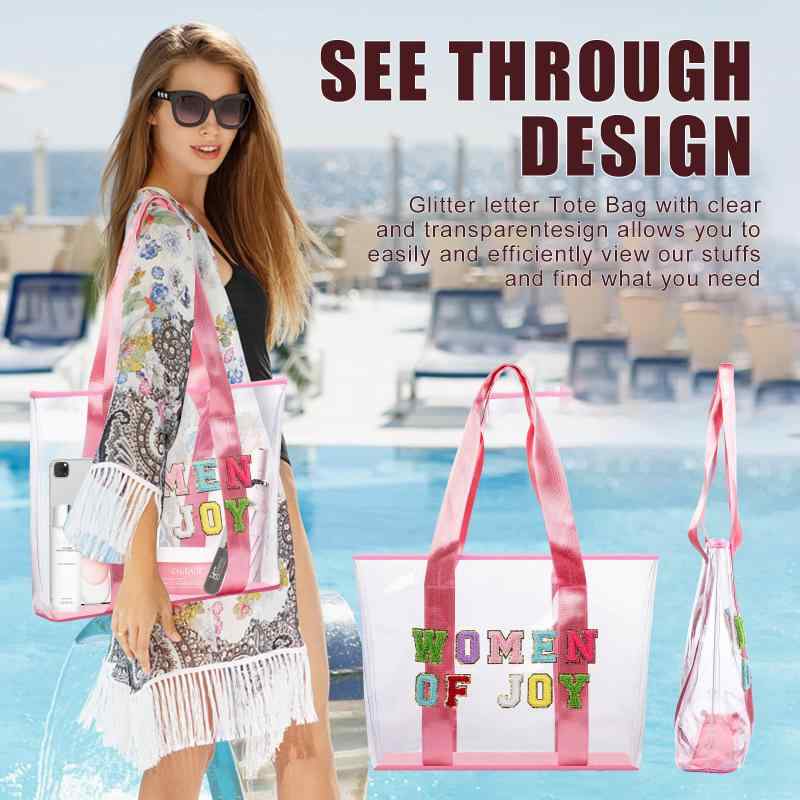 ビーチバッグ 大容量 防水 PVC シェニール織 タオル 刺繍 ロゴ 透明 ハンドバッグ 肩掛け 旅行用 洗面用品 収納 バッグ