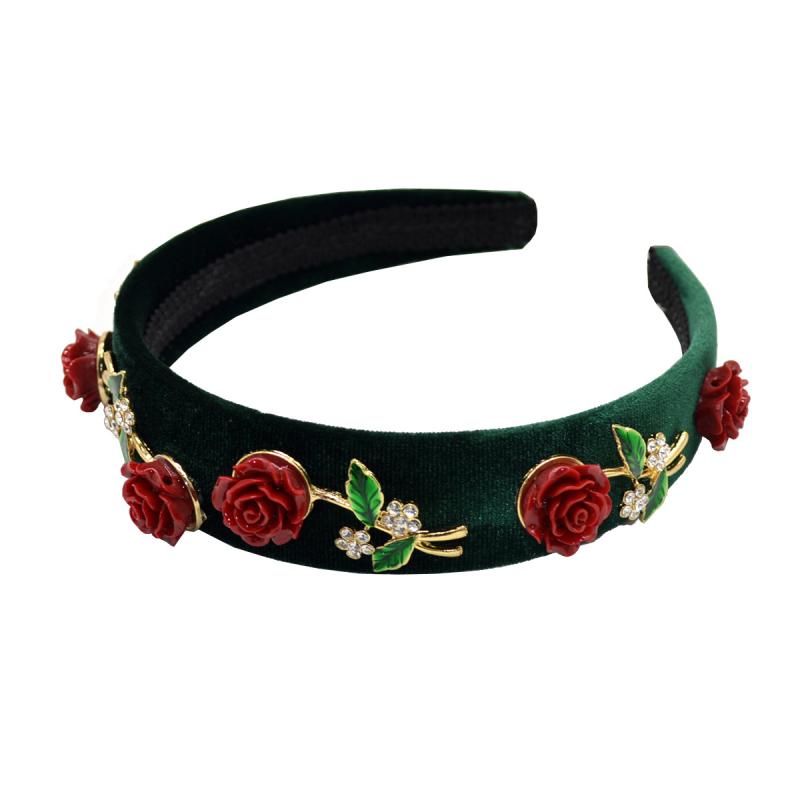ヘアアクセサリー レディース ワイドブリム グリーン ベルベット カチューシャ 個性派 ジルコニア ローズ フラワー ヘッドバンド 手作り レトロ 髪飾り