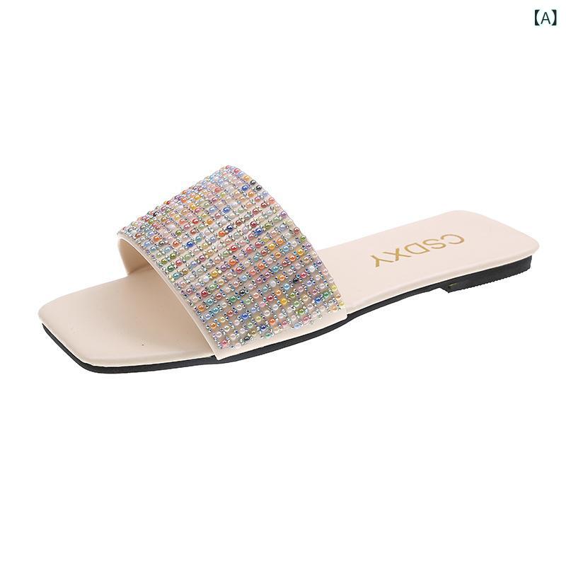 サンダル レディース 外履き フラット 韓国風 ビジュー スクエアトゥ 大きいサイズ ビーチサンダル かわいい 普段使い リゾート 春夏