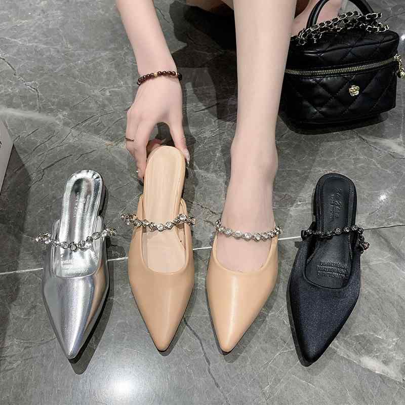 Ballet Shoes - サンダル レディース ポインテッドトゥ フラット シルバー ミュール スリッパ ローヒール ビジュー チェーン かわいい おしゃれ
