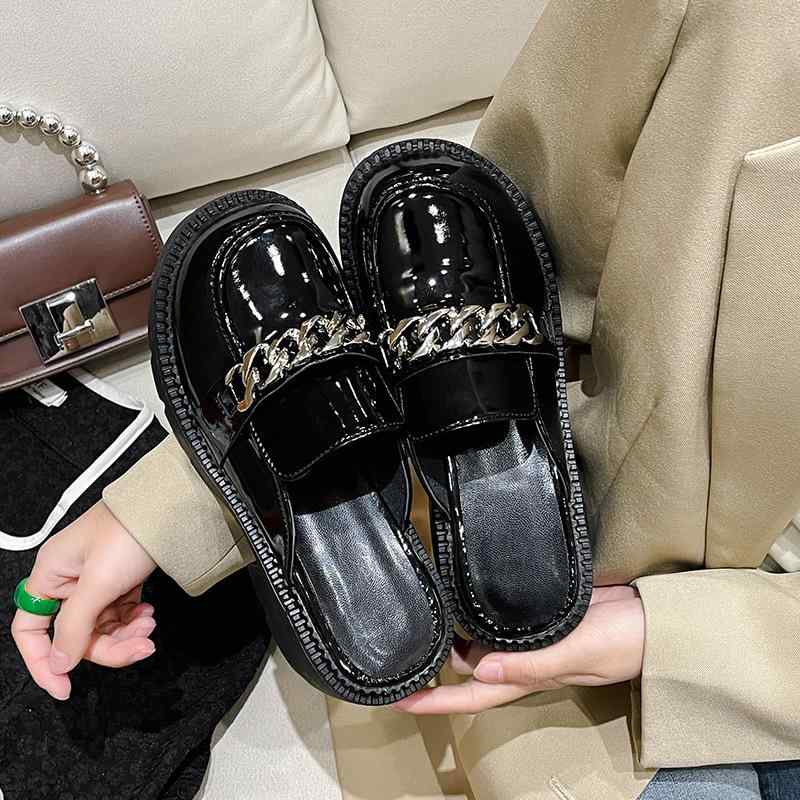 サンダル レディース 厚底 サボ サンダル チェーン バッグ付き スリッパ つっかけ チャンキーヒール 粗..