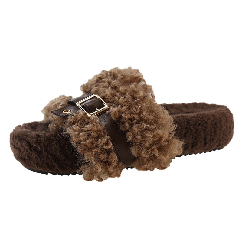 靴 レディース 秋冬 スリッパ 厚底 レトロ シープボア 外履き ファー かわいい 小香風 暖かい ふわふわ もこもこ