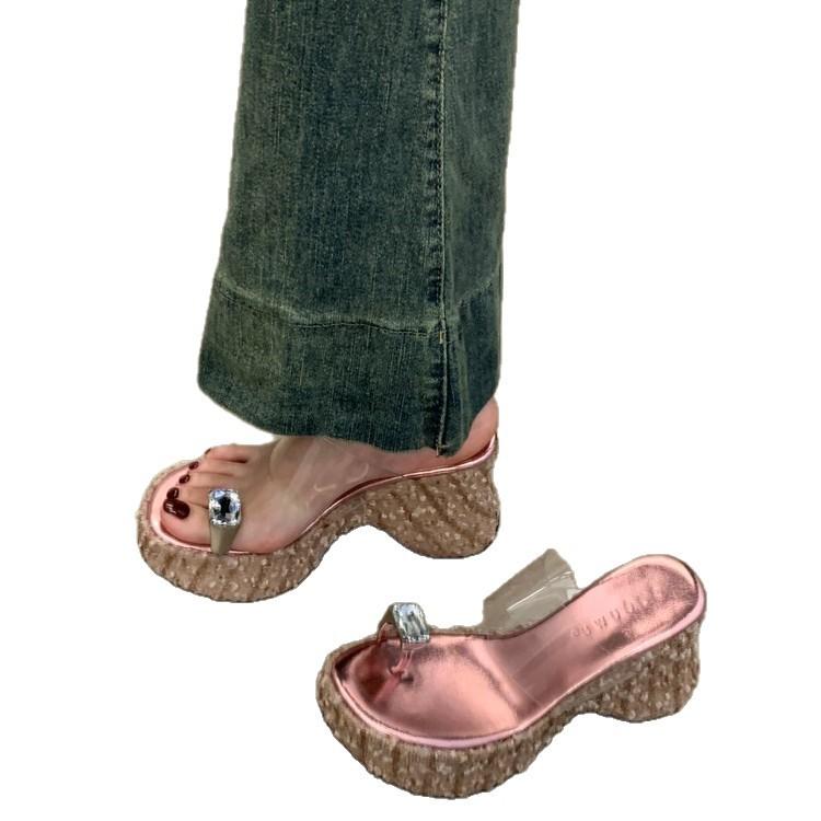 サンダル レディース 厚底 透明 スクエアトゥ ハイヒール スリッパ 亮片 キラキラ 外履き 春夏 かわいい