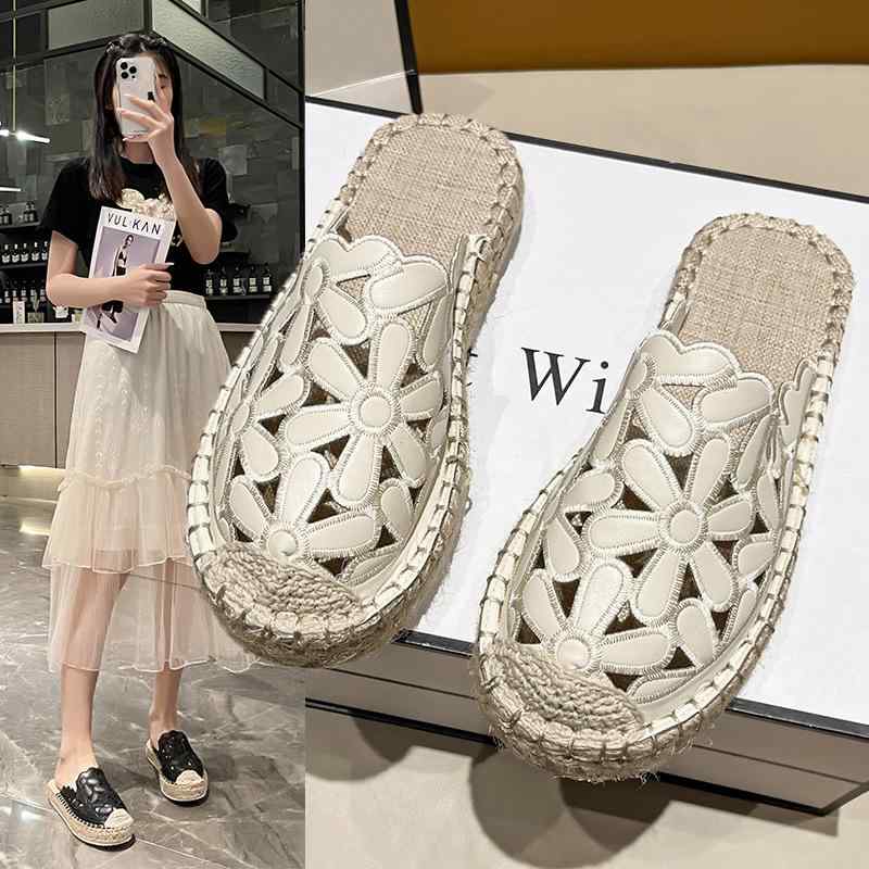 サンダル レディース 漁夫靴 バッグヘッド 涼しいスリッパ 夏 外履き くり抜き 花柄 通気性 麻 厚底 快..