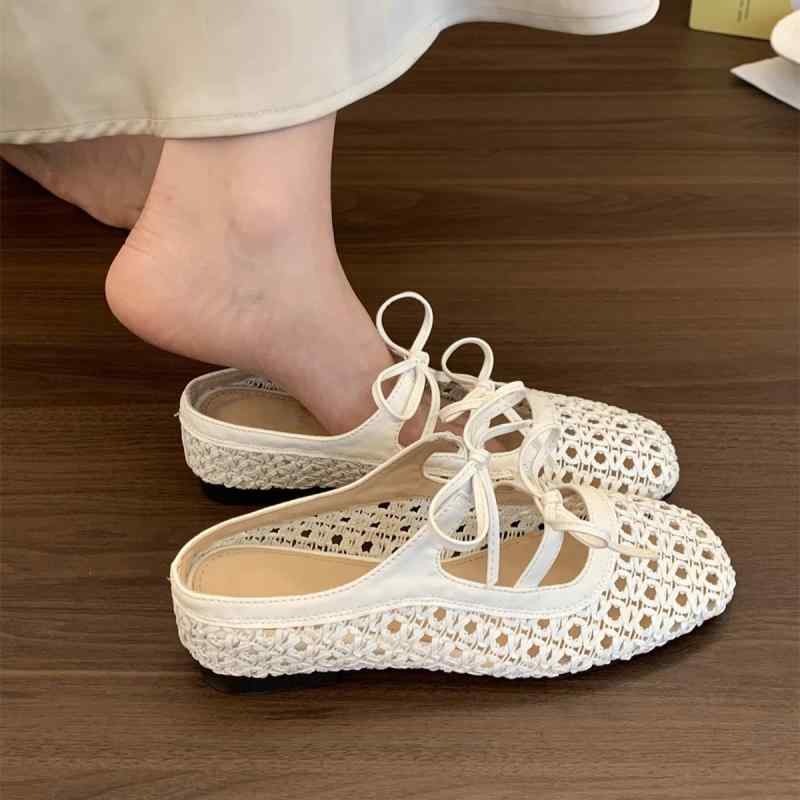 サンダル レディース 夏 編み込み 涼しい スリッパ ミュール 蝶結び マリージェーン ローヒール ぺたんこ フラット 歩きやすい 履きやすい かわいい おしゃれ カジュアル 旅行 普段使い