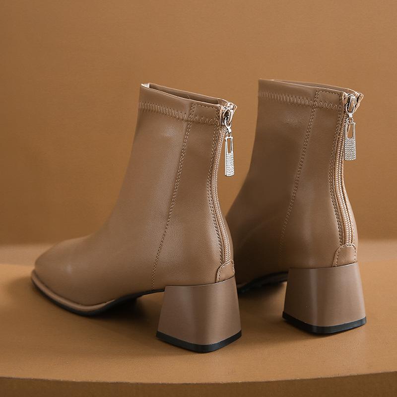 ブーツ レディース 秋冬 チャンキーヒール ショートブーツ レトロ 歩きやすい 履きやすい 太ヒール スクエアトゥ かわいい 美脚効果 黒 ブラック ブラウン系(4.0)