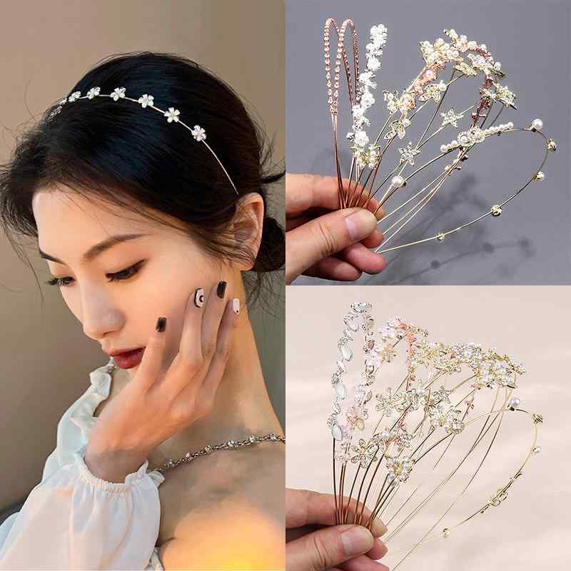 ヘアアクセサリー レディース 合金 猫目石 ジルコニア カチューシャ 細め 葉 花 エレガント 上品 ヘアバンド ヘアアレンジ