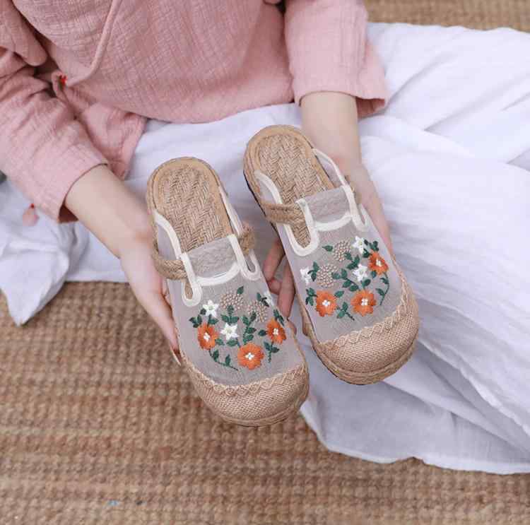 サンダル レディース 春夏 メッシュ 亜麻 リネン 刺繍 ラウンドトゥ 漢服 シューズ 靴 防滑 外履き 軽量 通気性