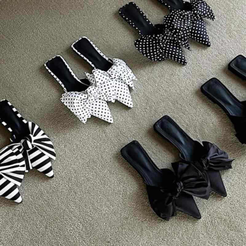 サンダル レディース 春夏 大判リボン バッグ 靴 スリッパ ポインテッドトゥ ストライプ ドット柄 アッ..