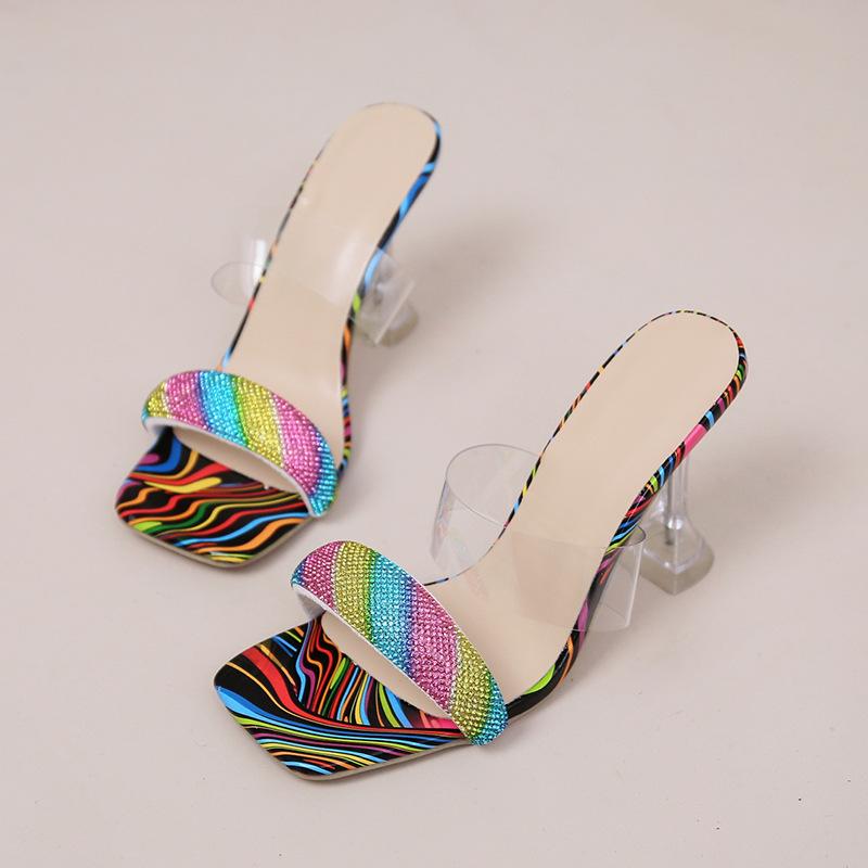 サンダル レディース 大きいサイズ カラフル ハイヒール ビジュー 風 アメリカ風 外履き ミュール おしゃれ