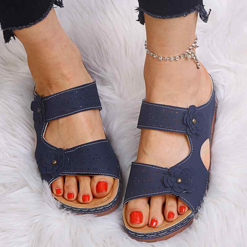 靴 レディース 大きいサイズ 花柄 ウェッジソール サンダル スリッパ 婦人靴 車線縫い レトロ 一文字 35-43