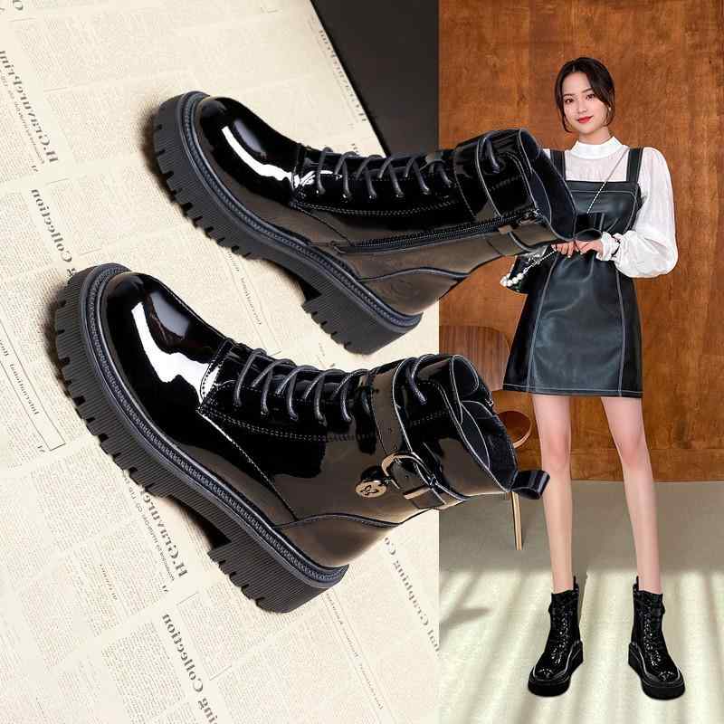 ブーツ レディース 秋冬 短靴 裏起毛 綿靴 漆皮 厚底 雪地靴 カジュアル(4.0)