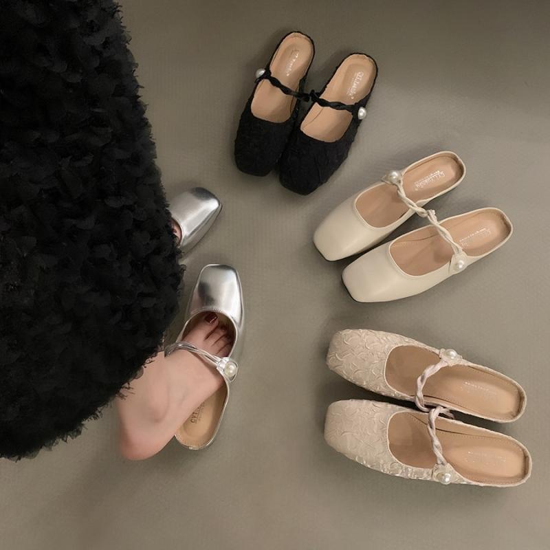 Ballet Shoes - サンダル レディース 新中式 フラットシューズ シルバー ミュール スリッパ ローヒール 歩きやすい 痛くなりにくい ぺたんこ おしゃれ かわいい