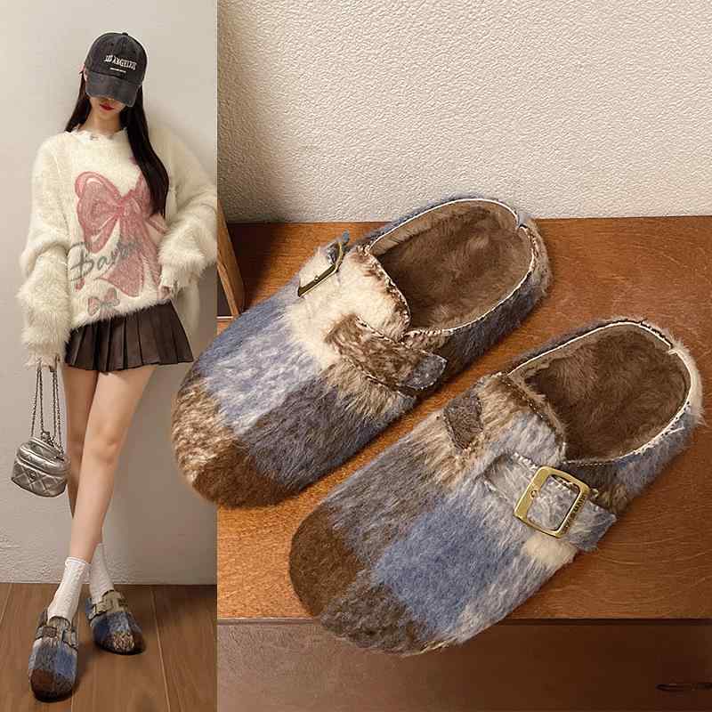 靴 レディース フラットシューズ 秋冬 森ガール レトロ 配色 ファー ふわふわ もこもこ あったか 保温 ローヒール ぺたんこ かわいい 普段使い