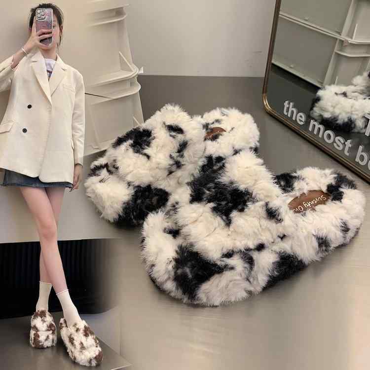 サンダル レディース 秋冬 厚底 ファー スリッパ あったか ルームシューズ 牛柄 かわいい おしゃれ 履きやすい 滑り止め 室内 外履き 普段使い