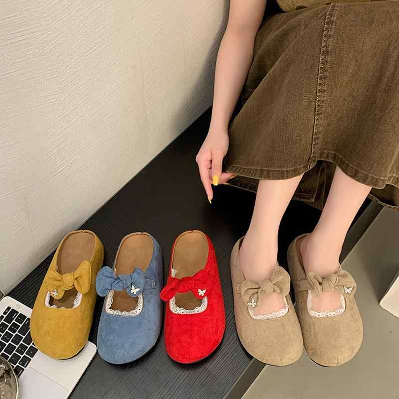 サンダル レディース 春夏 レース 蝶結び フラット ローヒール スリッパ 外履き ぺたんこ 歩きやすい 履きやすい かわいい カジュアル