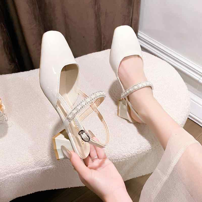 サンダル レディース 春秋 マリージェーンシューズ パール 太ヒール チャンキーヒール レトロ かわいい おしゃれ 歩きやすい ストラップ 滑り止め