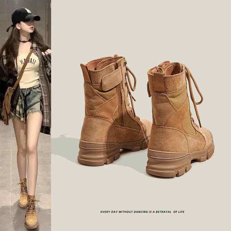 ブーツ レディース 春 厚底 反绒皮 露营 戦術 作業靴 アウトドア ワークブーツ 登山靴 远足 バイク
