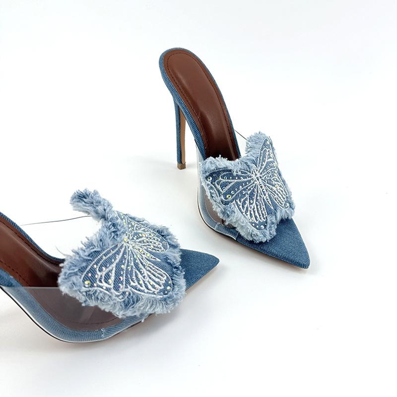 サンダル レディース デニム 高ヒール ラインストーン 蝶結び ポインテッドトゥ オープントゥ スティレ..