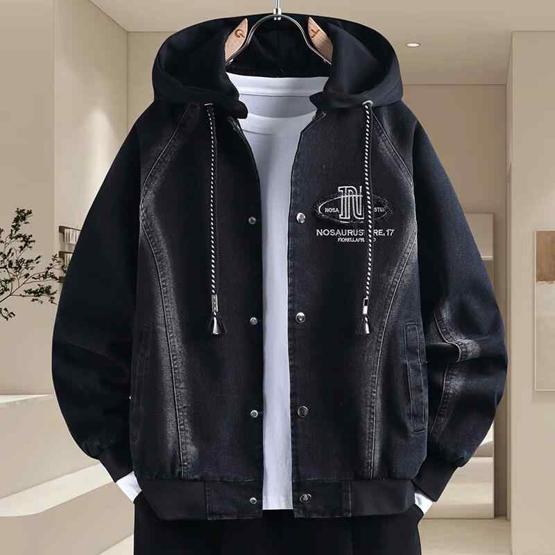 Jumper, Blouson - デニムジャケット メンズ 男性用 取り外し可能 フード付き Gジャン ウォッシュ加工 デニム トップス 野球服風 カジュアル スプリング アウター