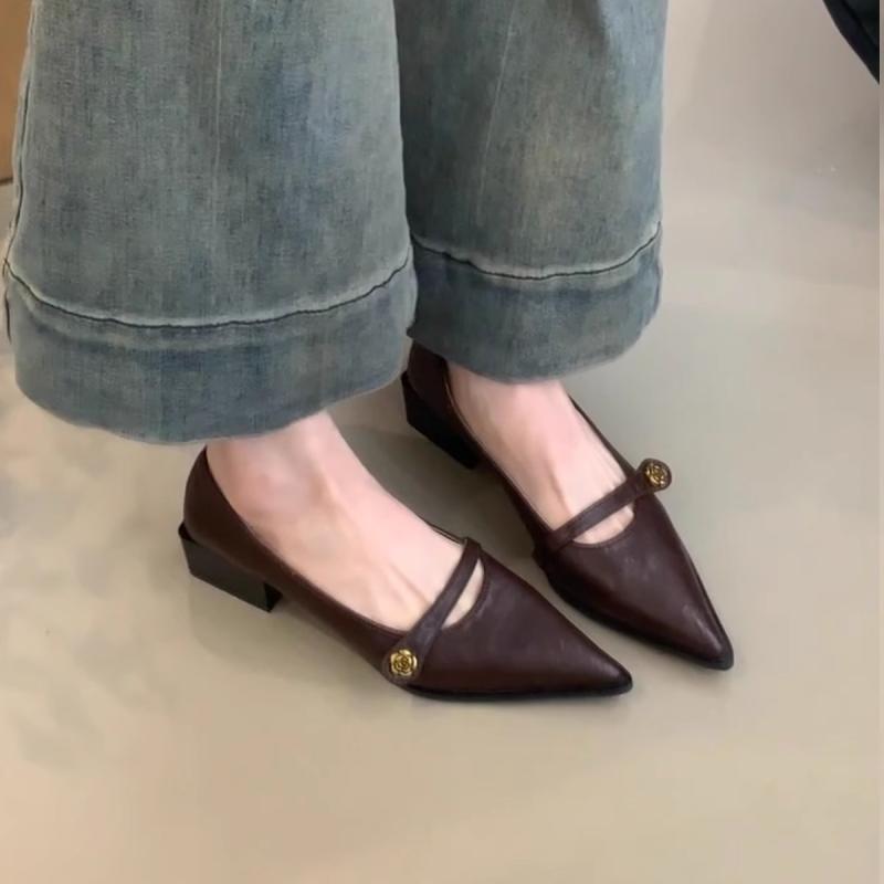 靴 レディース メリージェーンシューズ ポインテッドトゥ ミドルヒール 太ヒール ストラップ フラット 普段使い カジュアル 歩きやすい フェミニン