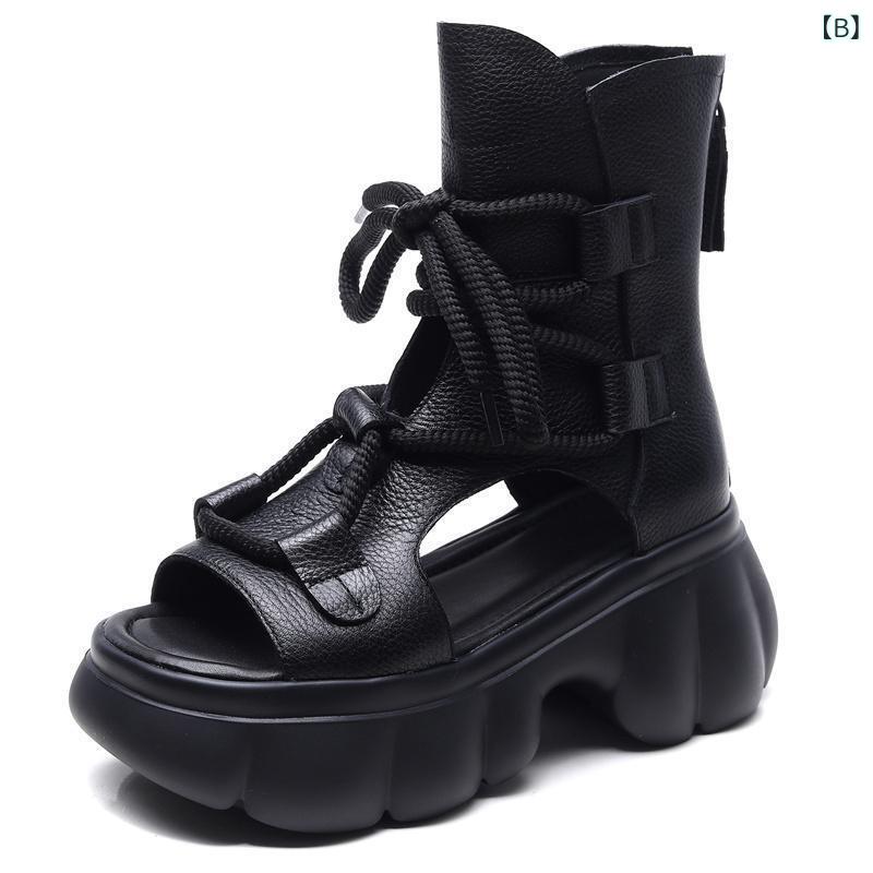 サンダル レディース 厚底 魚口 メッシュ ローマ風 夏 ハイヒール レトロ 歩きやすい 牛革 女性用 涼靴