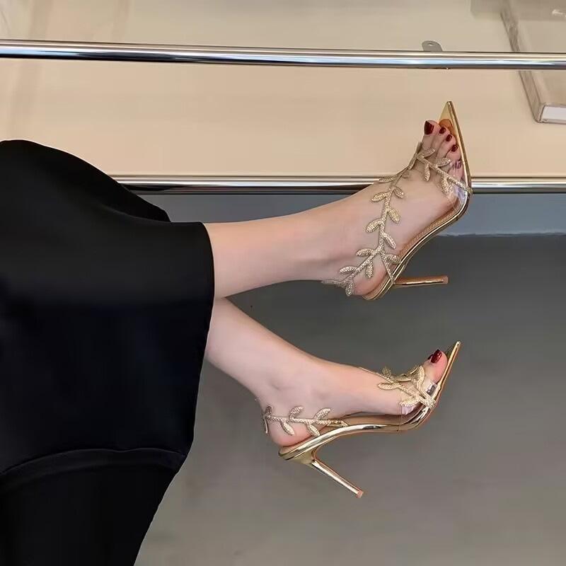 サンダル レディース ハイヒール ピンヒール ポインテッドトゥ 美脚 脚長効果 ゴールド リーフモチーフ おしゃれ かわいい お出かけ パーティー