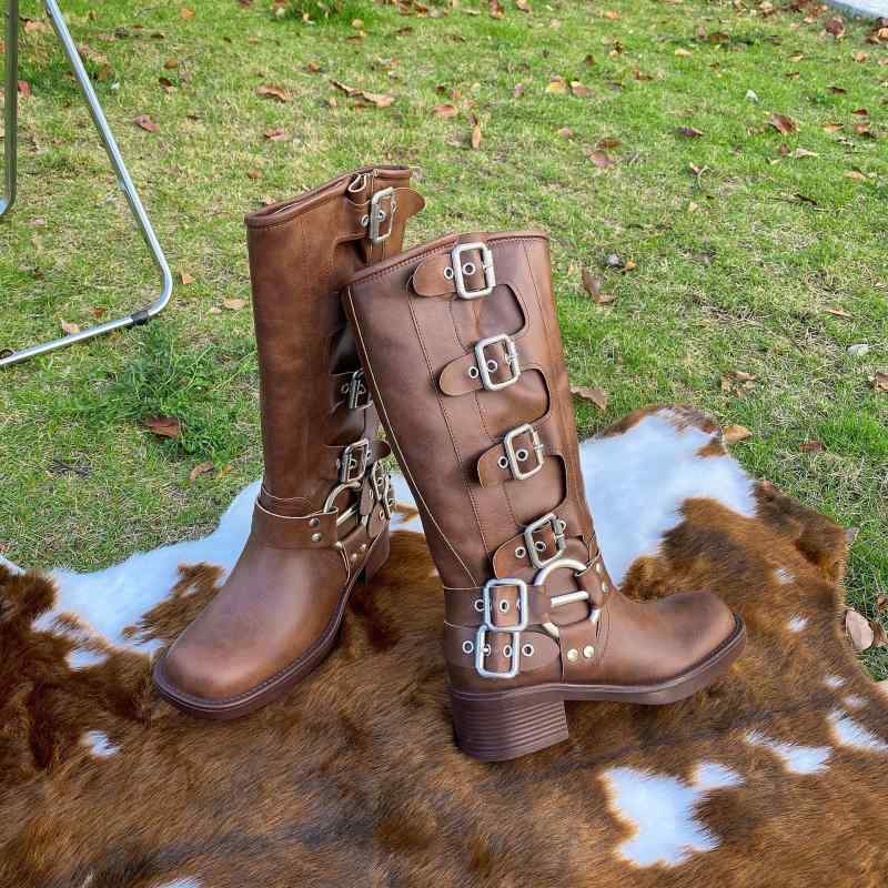 ブーツ レディース ウエスタンブーツ 厚底 チャンキーヒール ロングブーツ ジョッキーブーツ 美脚 脚長効果 スタイルアップ カジュアル 歩きやすい 履きやすい おしゃれ かわいい