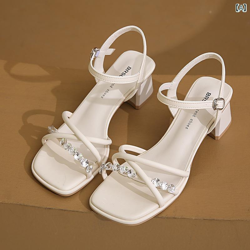 サンダル レディース 春夏 水晶 キラキラ ストラップ チャンキーヒール かわいい 歩きやすい 履きやすい フェミニン ガーリー お洒落 おしゃれ デート 普段使い