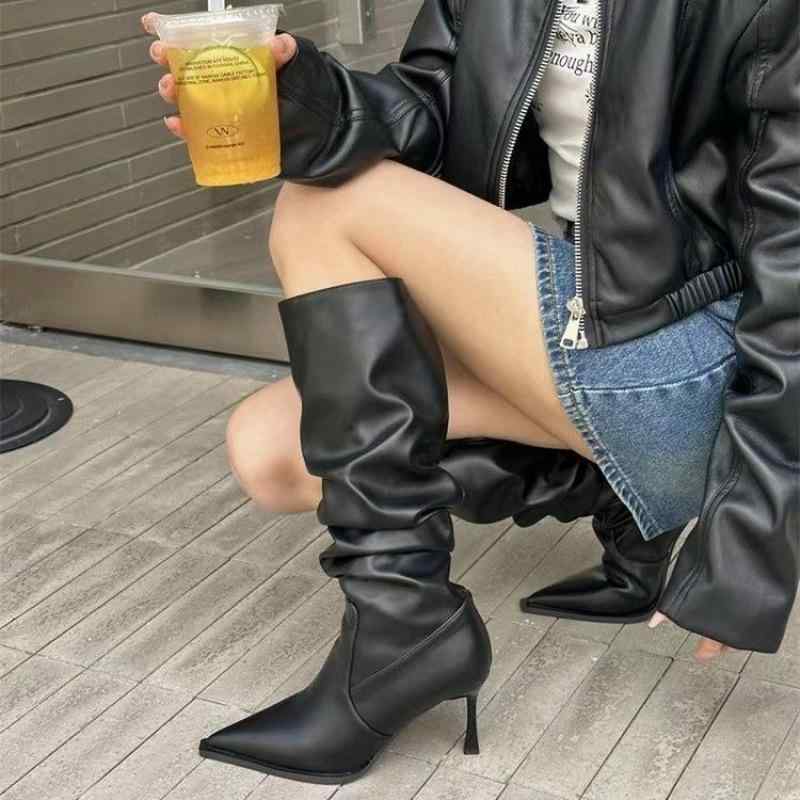 ブーツ レディース レトロ 褶皱 ハイヒール ロングブーツ スタイリッシュ 美脚効果 秋冬
