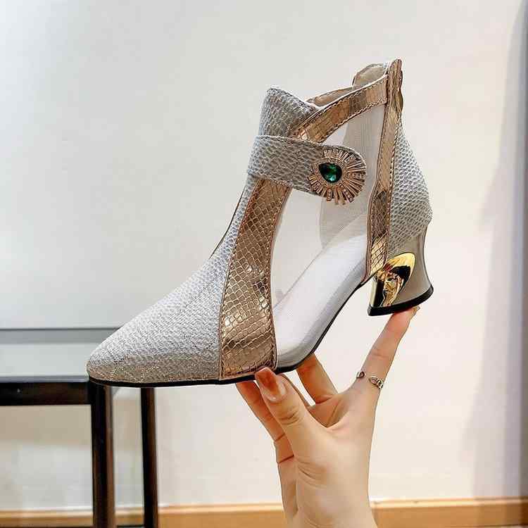 靴 レディース ショートブーツ 通気性 メッシュ 涼しい サンダル ミドルヒール ポインテッドトゥ 韓国