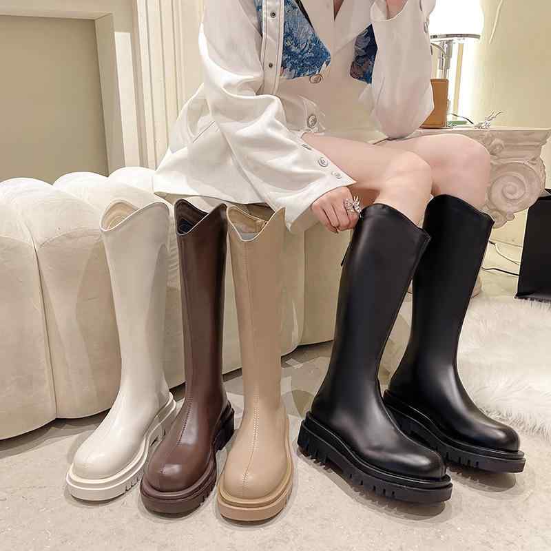 ブーツ レディース 秋冬 裏起毛 厚底 幅広 ロングブーツ Vカット ハイカット ジョッキーブーツ(4.0)