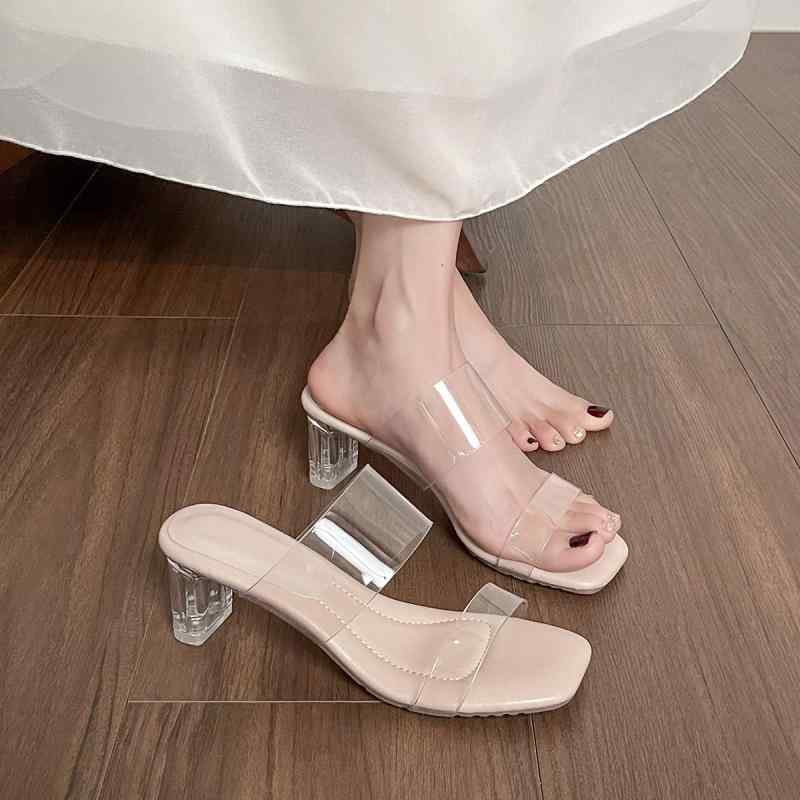 サンダル レディース 一字帯 クリア 透明感 クリスタル 太ヒール ミュール スリッパ 外履き かわいい おしゃれ