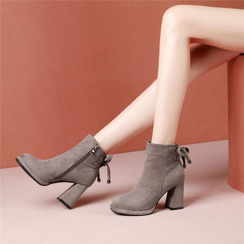 靴 レディース ショートブーツ ブーティー 太ヒール ハイヒール 紐 編み上げ 英国風 サイドジップ 秋冬...