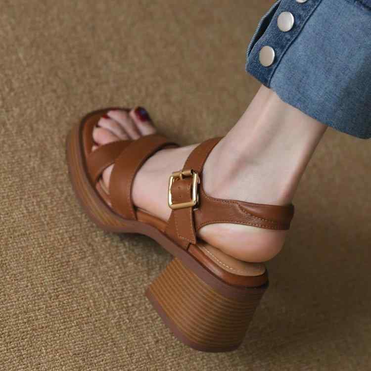 Women'S Shoes - サンダル レディース 春夏 革 太ヒール レトロ ブラウン クロス ストラップ ハイヒール メリージェーン