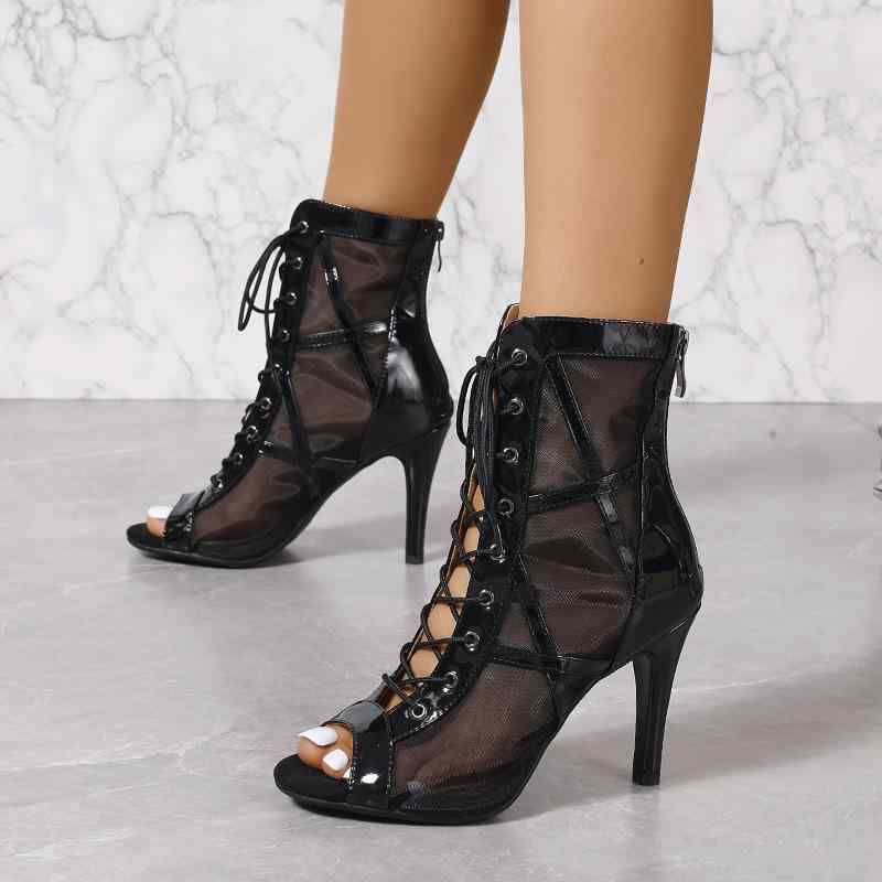 サンダル レディース 大きいサイズ 魚口 ハイヒール メッシュ 細ストラップ ダンス シューズ 魚口ブーツ