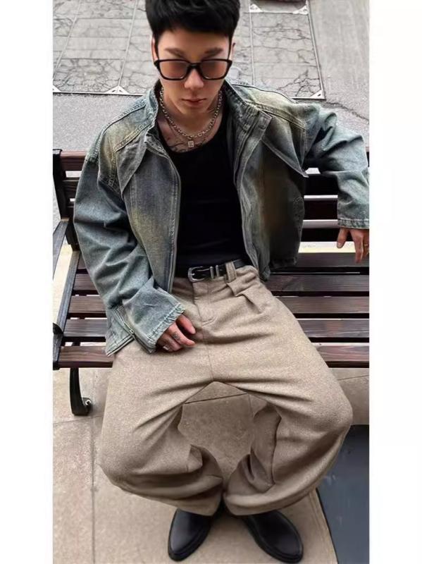 ジャケット メンズ 男性用 デニム ウォッシュド ブルゾン ゆったり 立襟 ブルー アウター アメカジ レトロ ヴィンテージ