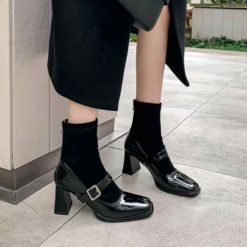 ショートブーツ レディース 秋冬 スエード調 ハイヒール 太ヒール スクエアトゥ 切り替え ブーツ 普段使い お出かけ