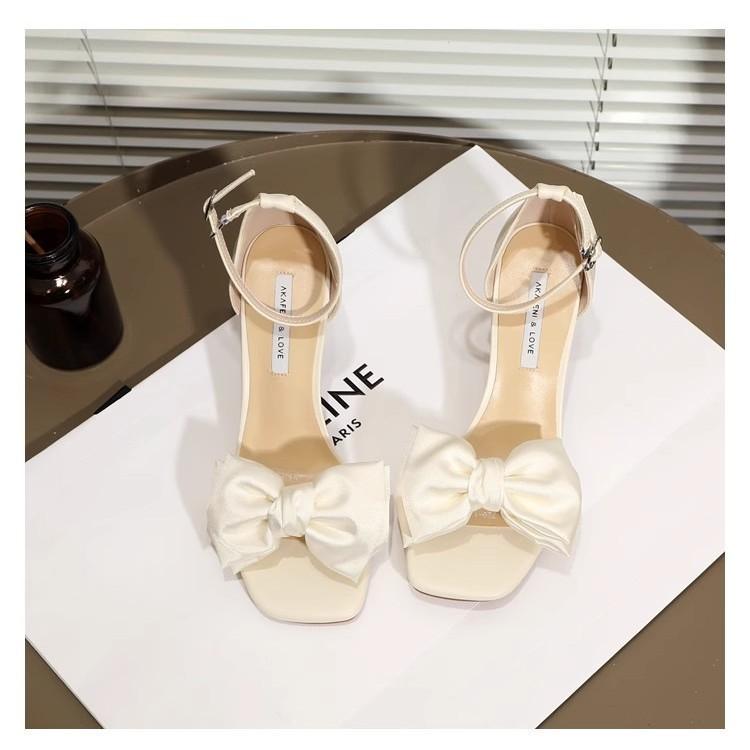 サンダル レディース 春夏 細ヒール ハイヒール ミュール 蝶 結び ストラップ 白 ホワイト きれいめ 上品