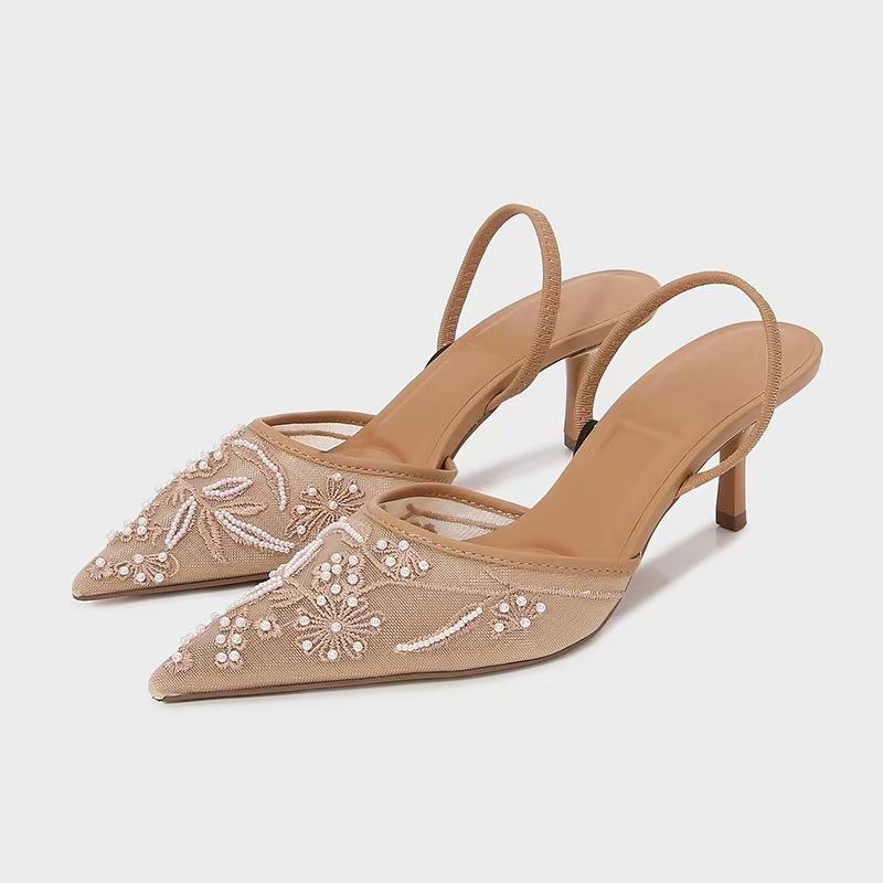 サンダル レディース スカートに合う 刺繡 メッシュ 美脚 ハイヒール 疲れにくい ピンヒール つま先あ..