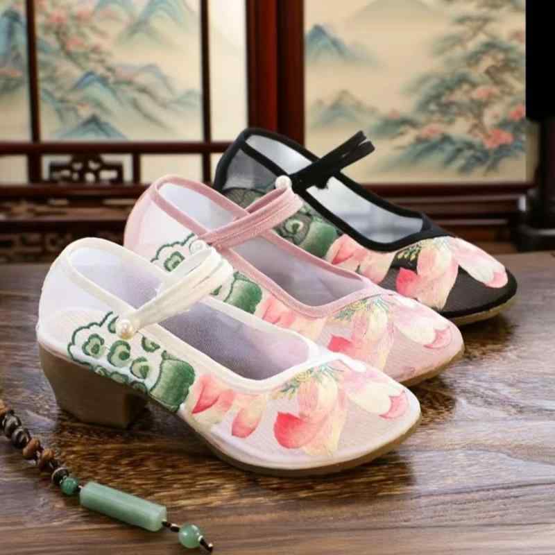 サンダル レディース 網状 メッシュ 刺繡 ブーティー 布靴 チャイナ風 チャンキーヒール ハイヒール 古..