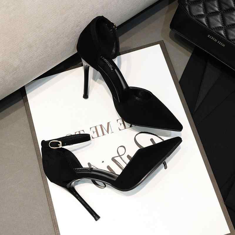 パンプス レディース ポインテッドトゥ ハイヒール 黒 ブラック スエード調 ストラップ セクシー きれ..