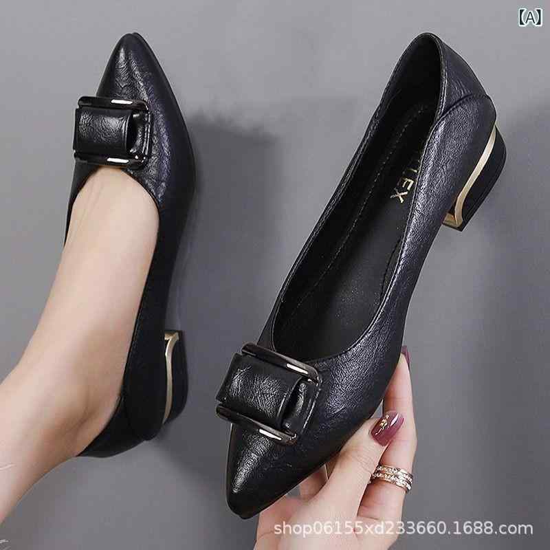 パンプス レディース 春秋 ポインテッドトゥ ローヒール チャンキーヒール 太ヒール 仕事用 オフィス スクエアバックル ベーシック フェミニン 歩きやすい 痛くなりにくい