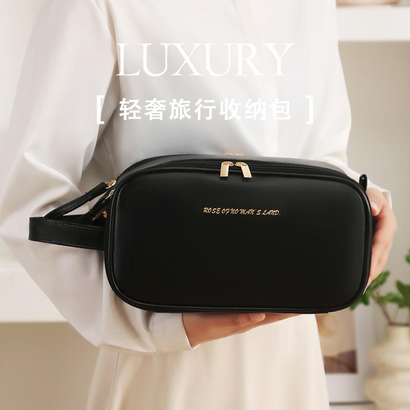 化粧ポーチ 大容量 メイクポーチ PUレザー ダブルファスナー コスメポーチ シンプル 収納 鞄