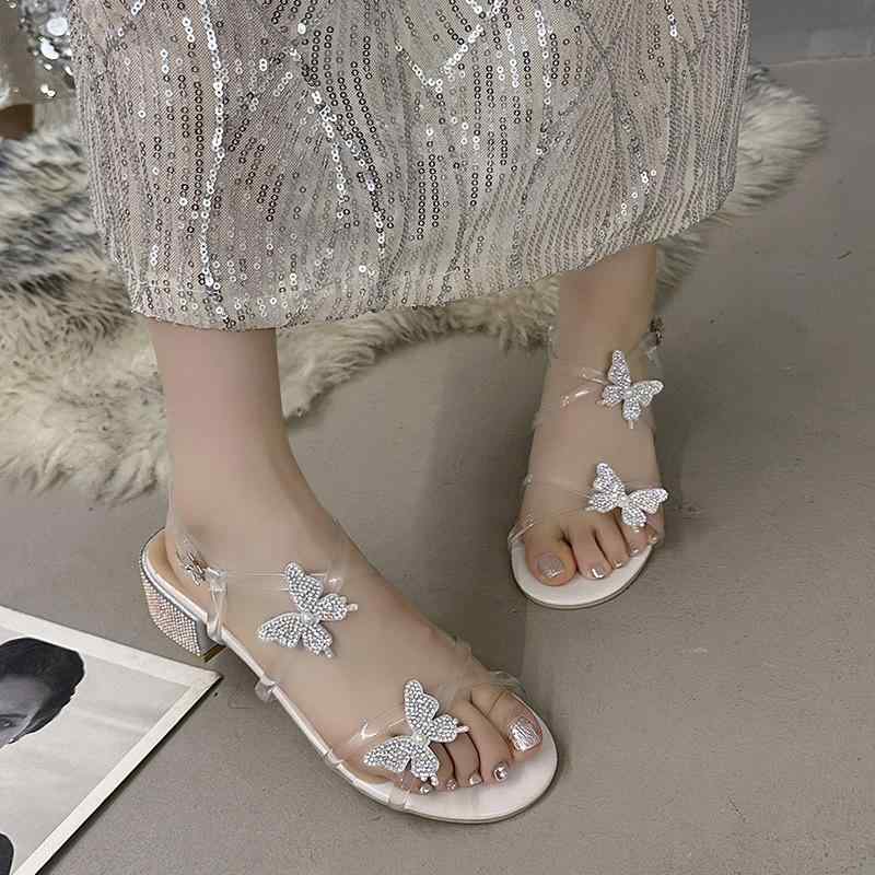 サンダル レディース 水晶 キラキラ ちょう結び オープントゥ 太ヒール 歩きやすい 履きやすい かわいい フェミニン カジュアル